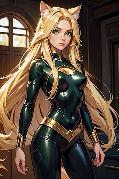 14 years old, girl, long blonde hair, flowing blonde hair, cat ears, green eyes, in a superhero costume, masterpiece, high quality,