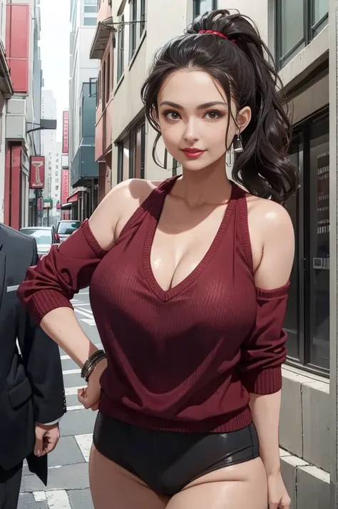 (masterpiece, best quality), 1girl, tall latina, narrow waist, burgundy high ponytail, wavy hair (medium), brown eyes, top heavy, red sweater vest, v neck, black shorts, big breasts, red lips, smirking, leaning forward, outdoors, city streets LA, cowboy sh...