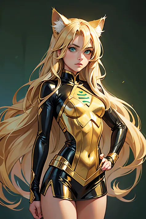 14 years old, girl, long blonde hair, flowing blonde hair, cat ears, green eyes, in a full bodu superhero costume, masterpiece, high quality,