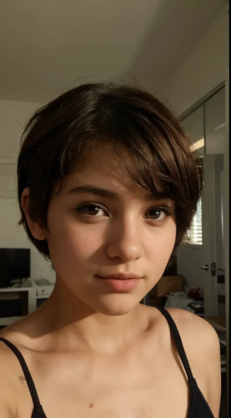 Selfie of a 15 year old girl with short hair and brown eyes