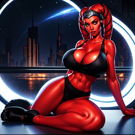 1girl, busty, gigantic breasts, masterpiece, best quality, high-definition, ((red skin), twilek), evil space knight, space ninja, (wearing black tank top, panties, socks, ((busty)), slender body, thin, slim sexy body, slim waist, (((huge breasts)))), sexy ...