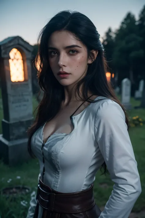 linda guerreira com grandes olhos azuis E longos cabelos pretos, Ela se parece com Yennefer de The Witcher, Ela usa uma jaqueta de couro, cemetery background at night. , your face is stained with blood and freckles, His skin is white, and his expression is...