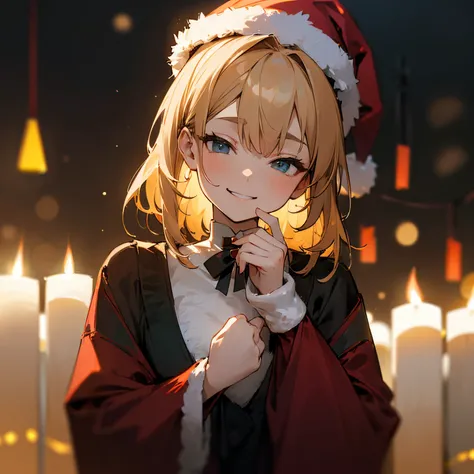 (​masterpiece、top-quality)、Hair with a short neckline、1 woman with beige hair、Put your hands under your chin、Warm lighting、Black cardigan、Blurred foreground、Christmas、Santas Hat、deep in the night、Smirk、