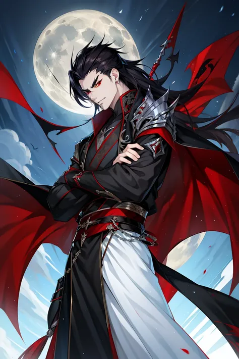 vampire man, hanfu, long sword, cabelos preto e longos, red eyes，the night，starrysky，rays of moonlight，asian architecture，best q...