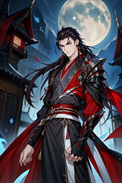 vampire man, hanfu, long sword, cabelos preto e longos, red eyes，the night，starrysky，rays of moonlight，asian architecture，best q...