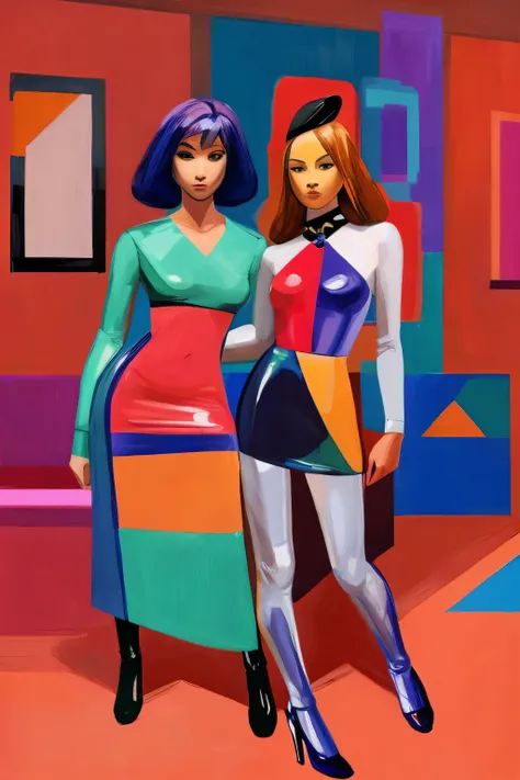 a landscape of shapes and paint that is weird in form and color and texture. Models wearing Marc jacobs and Prada fashion. Lots colors.Richard Diebenkorn art. clubbing costumes