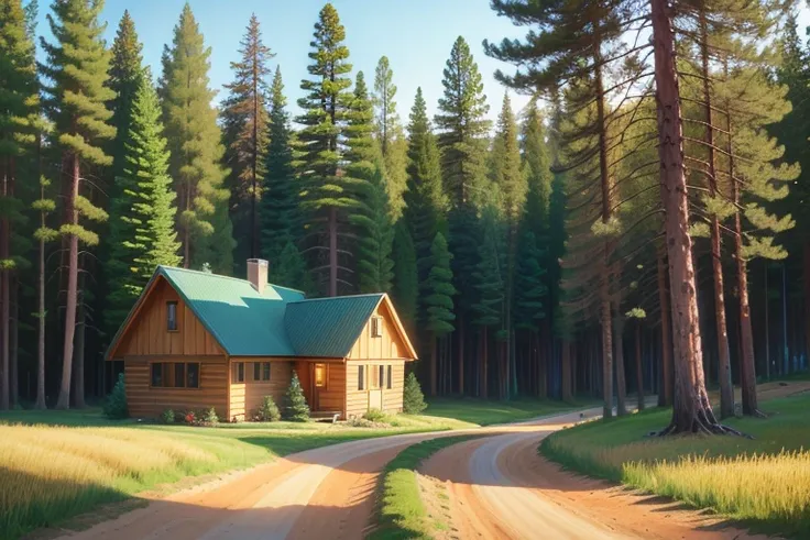 Wheat field on the right and meadow on the left with a pine forest behind, in between a dirt road. In front of the pine trees a cozy cottage.