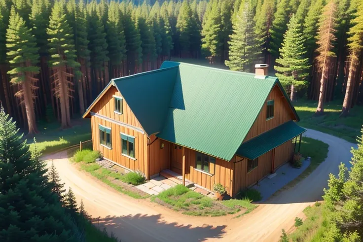 Wheat field on the right and meadow on the left with a pine forest behind, in between a dirt road. In front of the pine trees a cozy cottage.