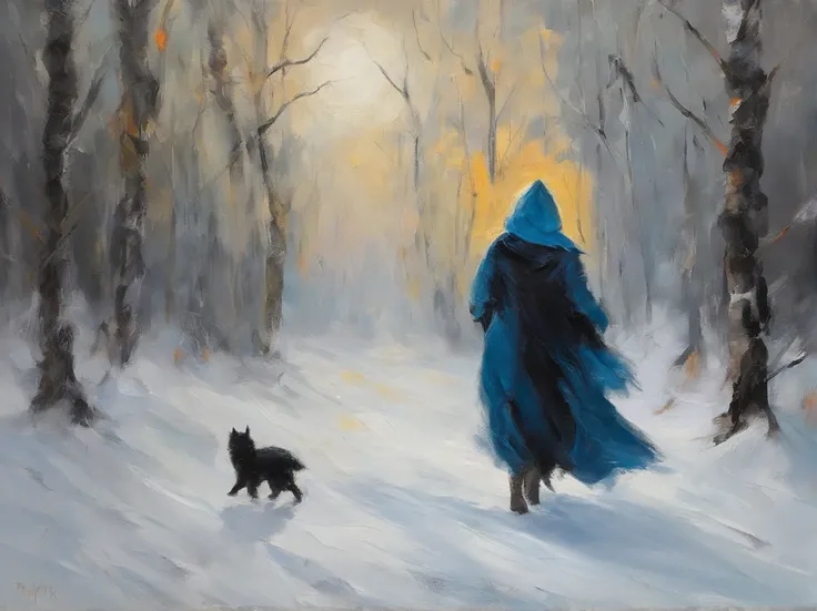 Classic horror painting. Blonde woman with angular face and piercing blue eyes, wearing a hooded parka, running toward the viewer through a snow storm in a birch forest. BREAK. One monstrous shaggy black cat with burning eyes pursues her.