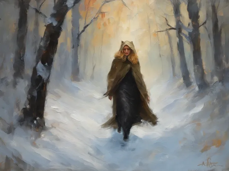 Classic horror painting. Blonde woman with angular face and piercing blue eyes, wearing a hooded parka, running toward the viewer through a snow storm in a birch forest. BREAK. One monstrous shaggy black cat with burning eyes pursues her.