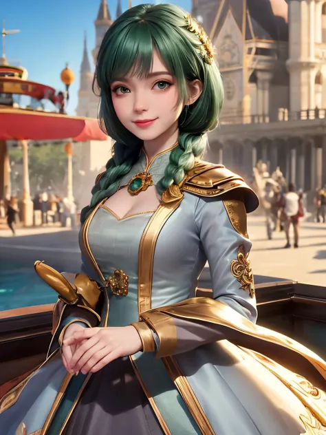 , up do hair- green, no makeup, beautiful white skin,1lady solo, /(stylish outfit/),  bangs, blush kind smile, (eyes sparkling with excitement), (masterpiece best quality:1.2) delicate illustration ultra-detailed, large breasts BREAK (holding colorful ball...