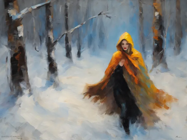 Classic horror painting. Blonde woman with angular face and piercing blue eyes, wearing a hooded parka, running toward the viewer through a snow storm in a birch forest. BREAK. One monstrous shaggy black cat with burning eyes pursues her.