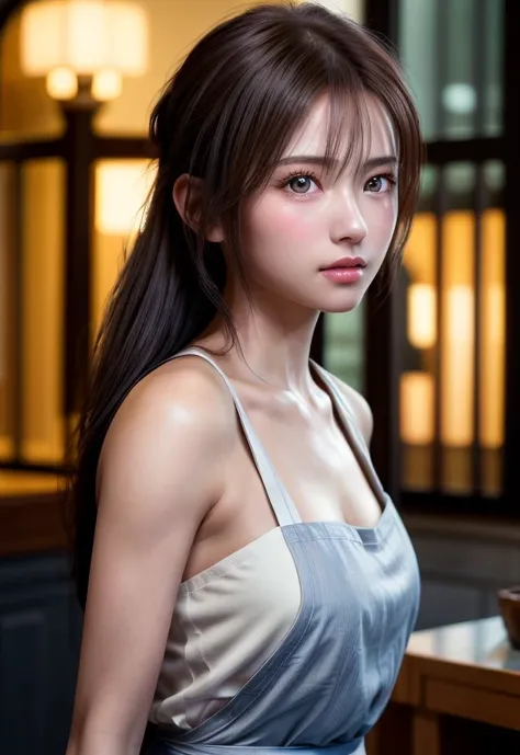 8K, of the highest quality, masutepiece:1.2), (Realistic, Photorealsitic:1.37), of the highest quality, masutepiece, Beautiful young woman, Pensive expression, Gentle eyes, Apron naked、Lovers、Hair tied back, Messy mood, Cinematic background,  Light skin to...