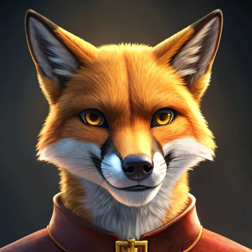 portrait fox wearing Germanic-style clothing, intricate, photorealistic, highly detailed, 8K, smile, gold eyes,