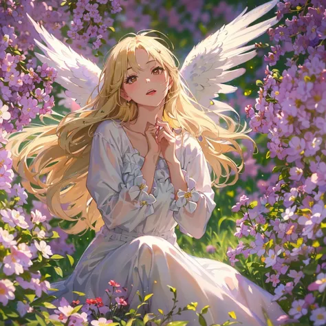 ((Best Quality, 8K, Masterpiece:1.3)), 1girl, lovely angel, flaxen hair, cherry-lipped beauty, sit on the flowering alfalfa, Singing With the lark, in the early morning , in the clear summer sun, (depth of field:1.3)