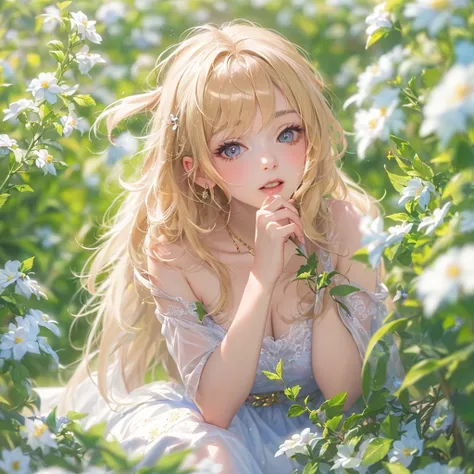 ((Best Quality, 8K, Masterpiece:1.3)), 1girl, lovely angel, flaxen hair, cherry-lipped beauty, sit on the flowering alfalfa, Singing With the lark, in the early morning , in the clear summer sun, (depth of field:1.3)