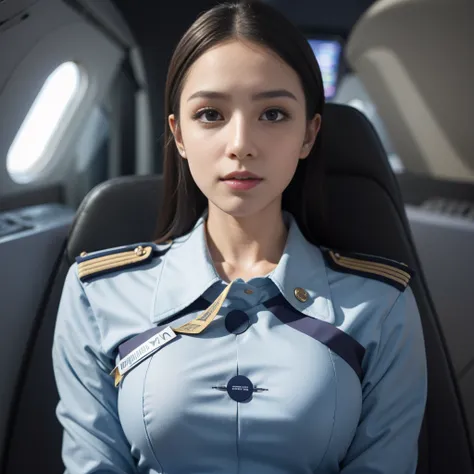 air stewardess uniform, downblouse, looking at viewer, eye contact, airplane interior, pov, leaning forward, nipples