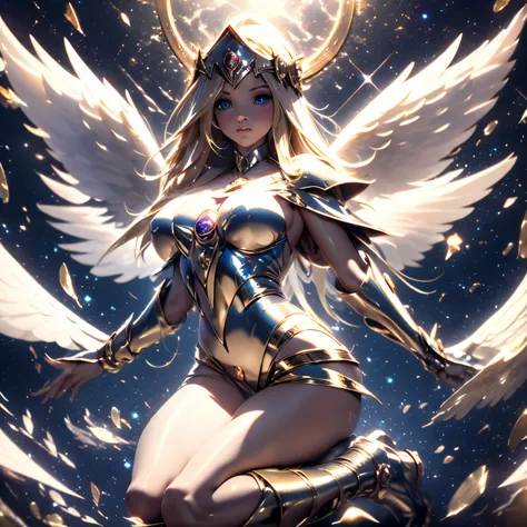 dark magician girl as an 8-winged angel with a dazzling halo above the angel&#39;cabeza, y el fondo de la imagen es el cielo. da...