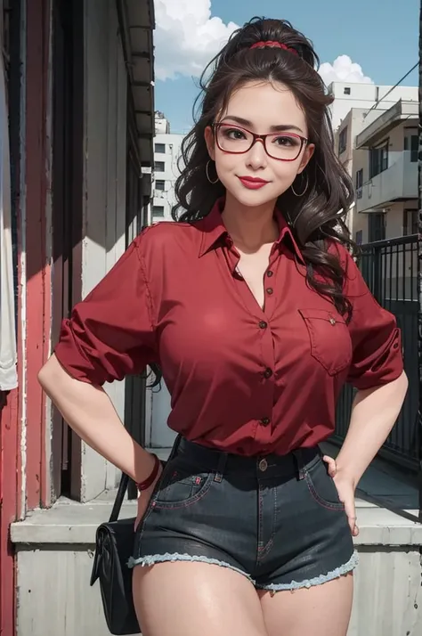 (masterpiece, best quality), 1girl, tall latina, narrow waist, burgundy high ponytail, wavy hair (medium), brown eyes, red glasses, top heavy, red lace blouse, button up, black denim shorts, big breasts, red lips, smirking, hands on hips, outdoors, city st...