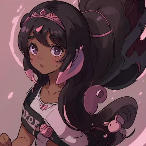 Girl with dark skin and medium black hair with a pink streak,olhos da cor rosa com tiara de coelho