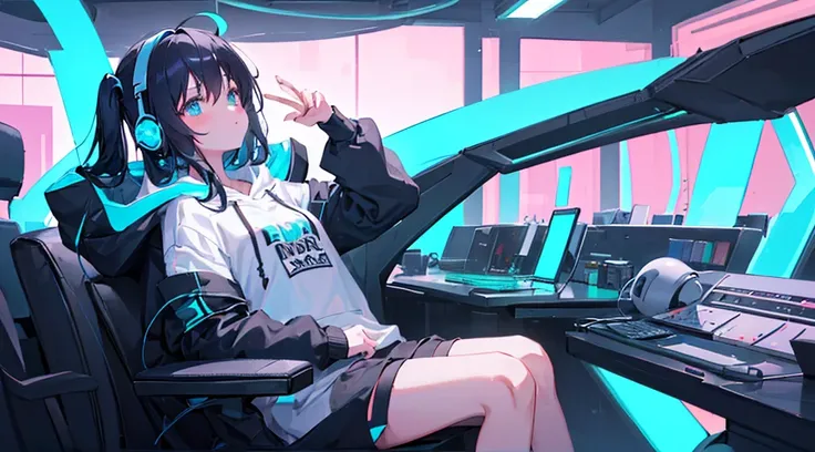 (1girl, black hair, long hair, headphones, hoodie, leaning back in the chair and looking up at the ceiling), (dark room, blue monitor light, blue neon)