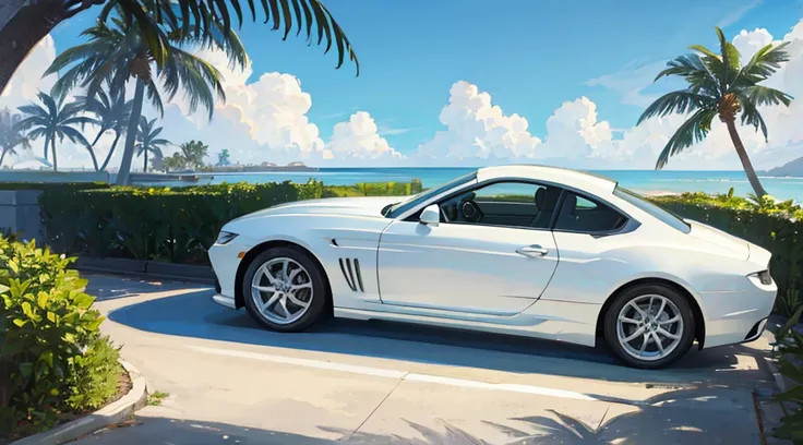 summer sky, seaside, palm tree, white classic car