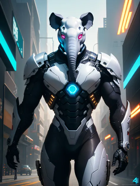 oscuro_fantasy,cyberpunk, (La mejor calidad, Obra maestra),Blanco,1persona,Mechanical miracle,Real Elephant Face Robotic Presence,Cybernetic guardian,Wear a cyber jacket, Futurista de Marvel, (ciborg), elefante, Ciudad, highest quality digital art, Arte im...