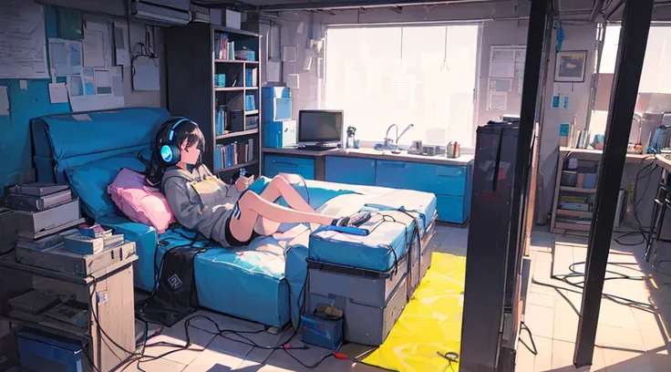 (1girl, black hair, long hair, headphones, hoodie, leaning back in the chair and looking up at the ceiling), (dark room, blue monitor light, blue neon)