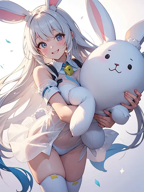 Cheerful bunny girl, see-through attire, white bunny, caring smile, reverse bunny, holding a huge stuffedtoy