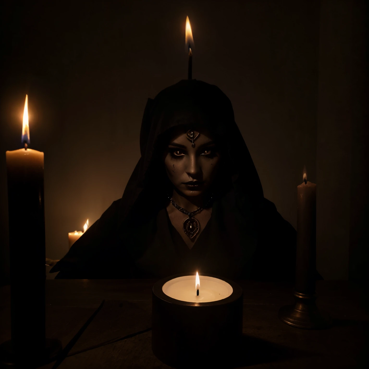 fine art photography. Faceless figures. eye shadow. Magic altar. candle lights. Magic symbols. terror. Dark ritual.