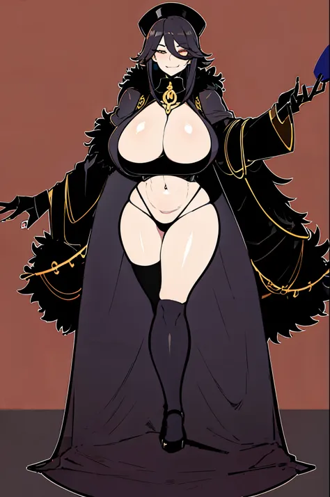 Long Black hair, milf, big boobs, black nails, black and gold noble button up dress, thick thighs, black stockings, black nails, black high heels with gold pecies, full body, sadstic smile, crimson eyes, holding whip, dark background, posing, sadstic women...