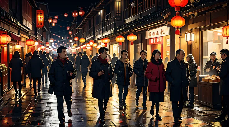 Chinese New Year&#39;tag，The small street in the yard is dimly lit，The light is yellowish，gentleman, femele, Young and old gather together to go shopping