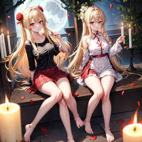 a blond、red eyes、one good looking girl、独奏、animesque、lightly dressed、Plaid miniskirt、flower petals、bare-legged、wetting hair、Black T-shirt、fullmoon、large tree、candle fire、fire flame