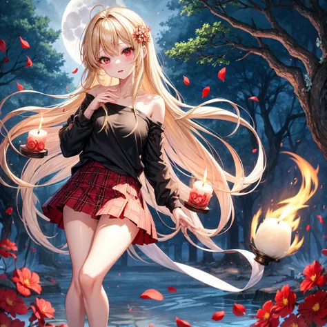 a blond、red eyes、one good looking girl、独奏、animesque、lightly dressed、Plaid miniskirt、flower petals、bare-legged、wetting hair、Black T-shirt、fullmoon、large tree、candle fire、fire flame