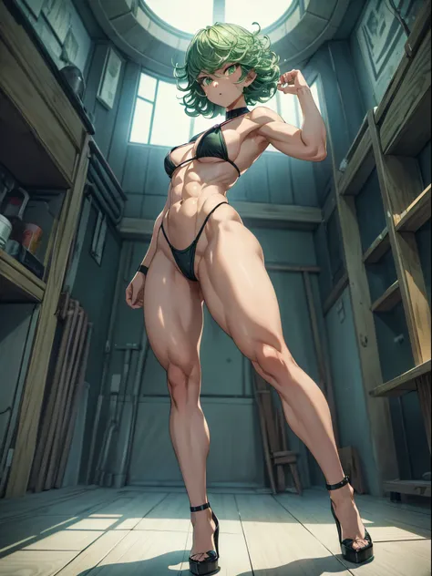 (((1 girl))), (Tatsumaki of a punch man), (short green hair), (((green eyes))), small chest, (((wearing bikini))), (full body view ), (no motel room), (((slender, muscular legs))), thin waist, stomach muscles, big ass, (((full body photo))), black high hee...