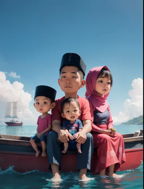 cartoon of a family sitting on a boat in the water, an indonesian family portrait, happy family, full protrait, potrait, family portrait, portrait shot, family, detailed portrait, inspired by Rudy Siswanto, protrait, inspired by JoWOnder, official illustra...