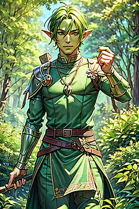 green skin (best quality,4k,8k,highres,masterpiece:1.2) ultra-detailed, man, male, elf, green skin , spring, wizard, chain mail ...