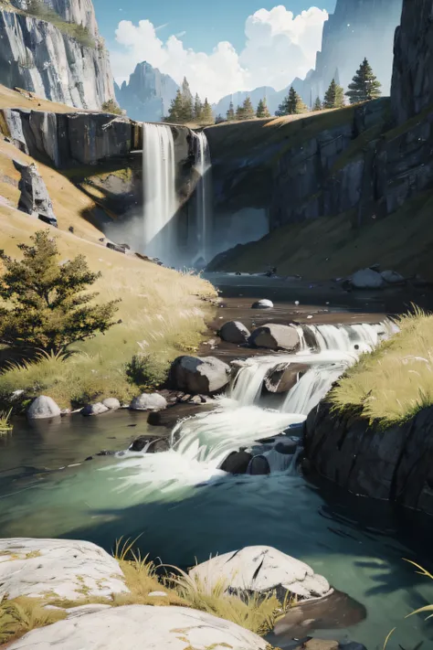 there is a mountain with a river running through it, unreal engine 5 environment, unreal engine 5 highly rendered, unreal engine 5 hdr, hdr render in unreal engine 5, unreal engine 5 4 k uhd image, unreal engine 5 quality render, unreal engine 5 renderered...