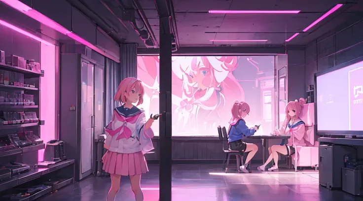 (3 girls, pink hair, pink eyes, sailor suit, kawaii, strategy meeting), (pink cyberpunk, room with big monitors, pink neon)