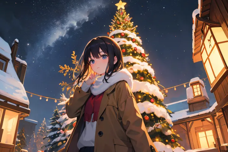 Create exquisite illustrations reminiscent of Makoto Shinkais style, It has ultra-fine details and top-notch quality. Creating an illustration where every tree in the forest is adorned with Christmas decorations. A girl explores the forest surrounded by nu...