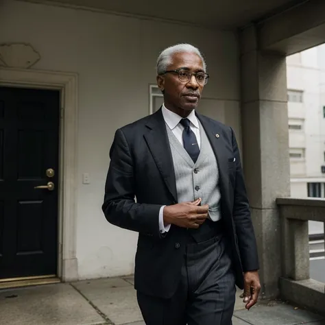 In this captivating old Black and white photograph from the 1940s, we witness a powerful moment that challenges historical norms. It features a distinguished, black Prime Minister in his late 60s, exuding wisdom and charisma. His short, white hair and glas...