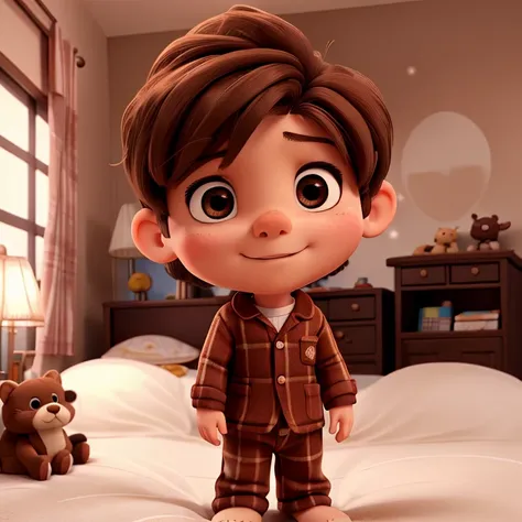 A little boy, brown hair, big brown eyes, 6 years old, in his bed, wearing pajamas,snowing