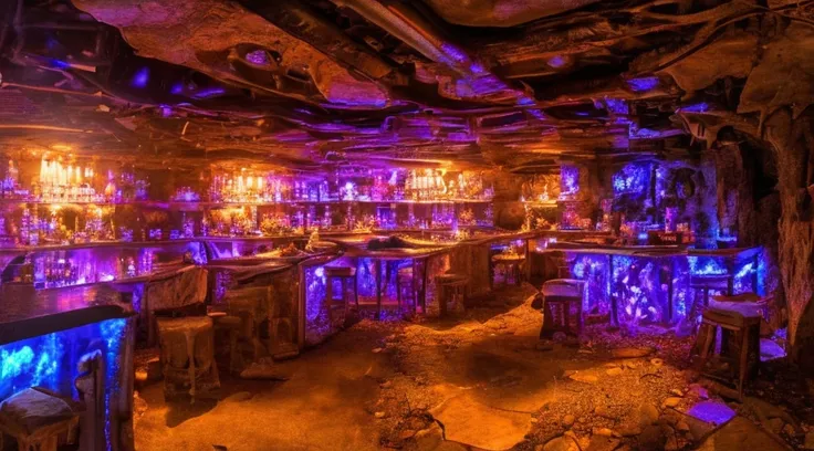 high resolution, best quality, masterpiece, ultra high definition, ultra-realistic, demonic skulls cover the walls and shelves of an abandoned ruined cave, dismal bar, glowing purple crystals, potions and ampules, illuminated by toxic firelight