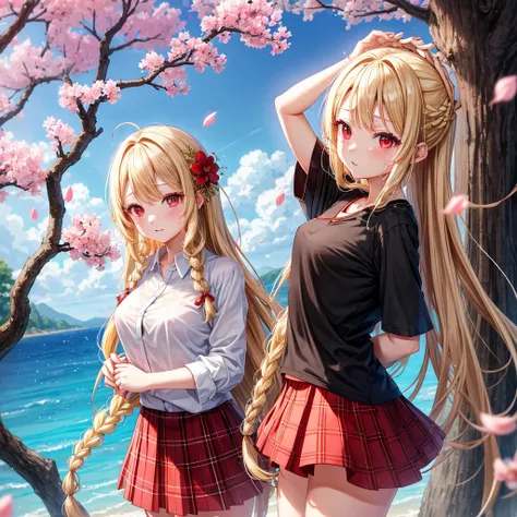 a blond、red eyes、Braids、one good looking girl、独奏、animesque、lightly dressed、Plaid miniskirt、flower petals、bare-legged、wetting hair、Black T-shirt、large tree、cherry trees、sea of clouds