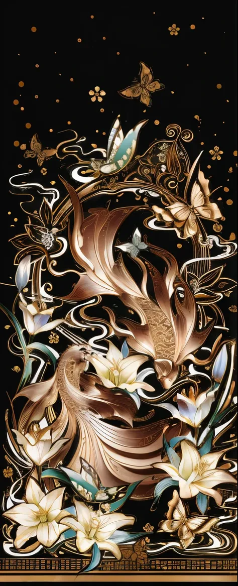 There is a picture of dragon and flower, oriental art nouveau, gold flowers, Inspired by Hoichi Sakai, ornate floral, adornado y fluido, flowers and gold, Elegant Art Nouveau, Art Nouveau 3D curves and swirls, Art Nouveau background, Flowers and leaves of ...