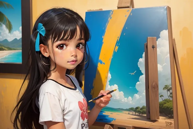 Menina bonita pintando uma tela e fundo alegre com outros quadros