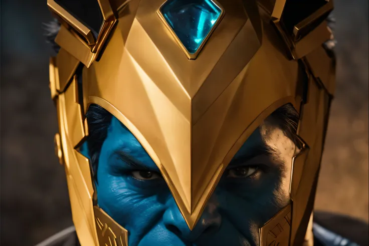 um close de um homem em uma fantasia azul com armadura dourada, com uma pedra de topazio muito brilhante no elmo, cinematic bust shot, cinematic close-up of bust, Ainda do filme da Marvel, foto de retrato, menacing stare, cinematic blue and gold, CGI 8K, m...