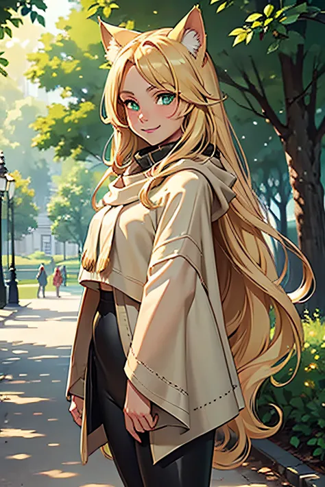 14 years old, girl, long blonde hair, flowing blonde hair, cat ears, green eyes, oversized poncho, leggings, smiling sweetly, masterpiece, high quality, standing in a parc in town.