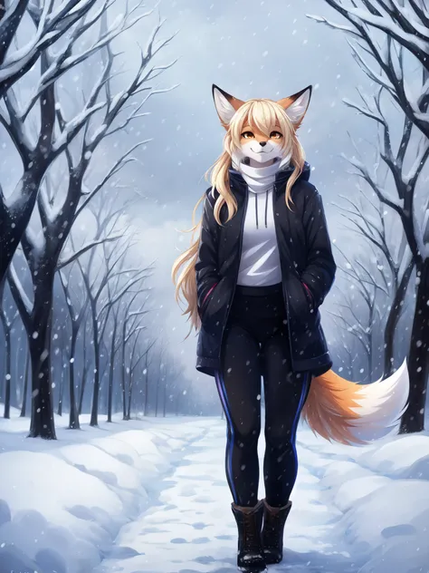 Solo, Kimiko, tan anthro furry fox girl, yellow eyes, long wavy blonde hair, fox ears, blonde fox tail, wearing fur trimmed jacket, black yoga pants, brown Ugg boots, hands in her pockets, looking up at the sky,  looking up,  Cloudy day, standing in a park...