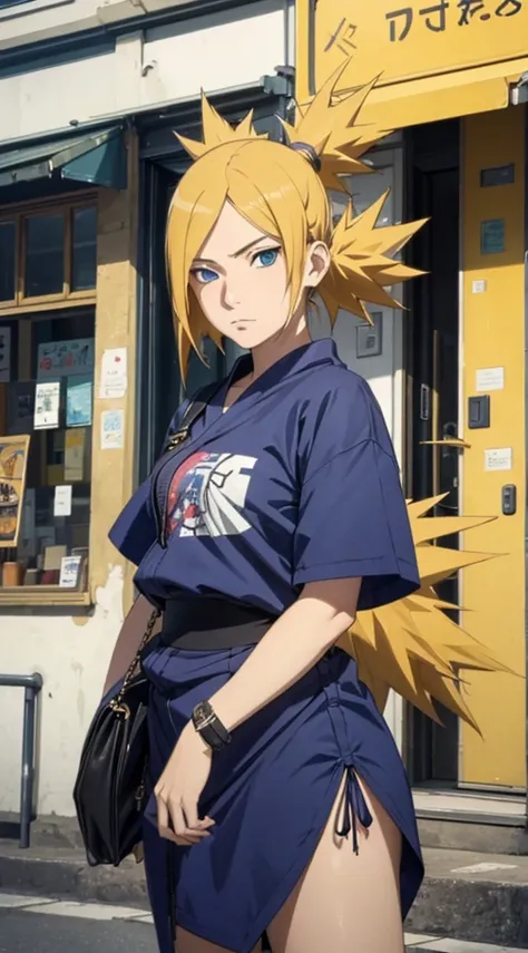 Masterpiece, 1girl, Superb Style, Urban Streetwear chothes, Outdoor, Upper Body, temari nara, blue eyes, long yellow  hair, cool girl